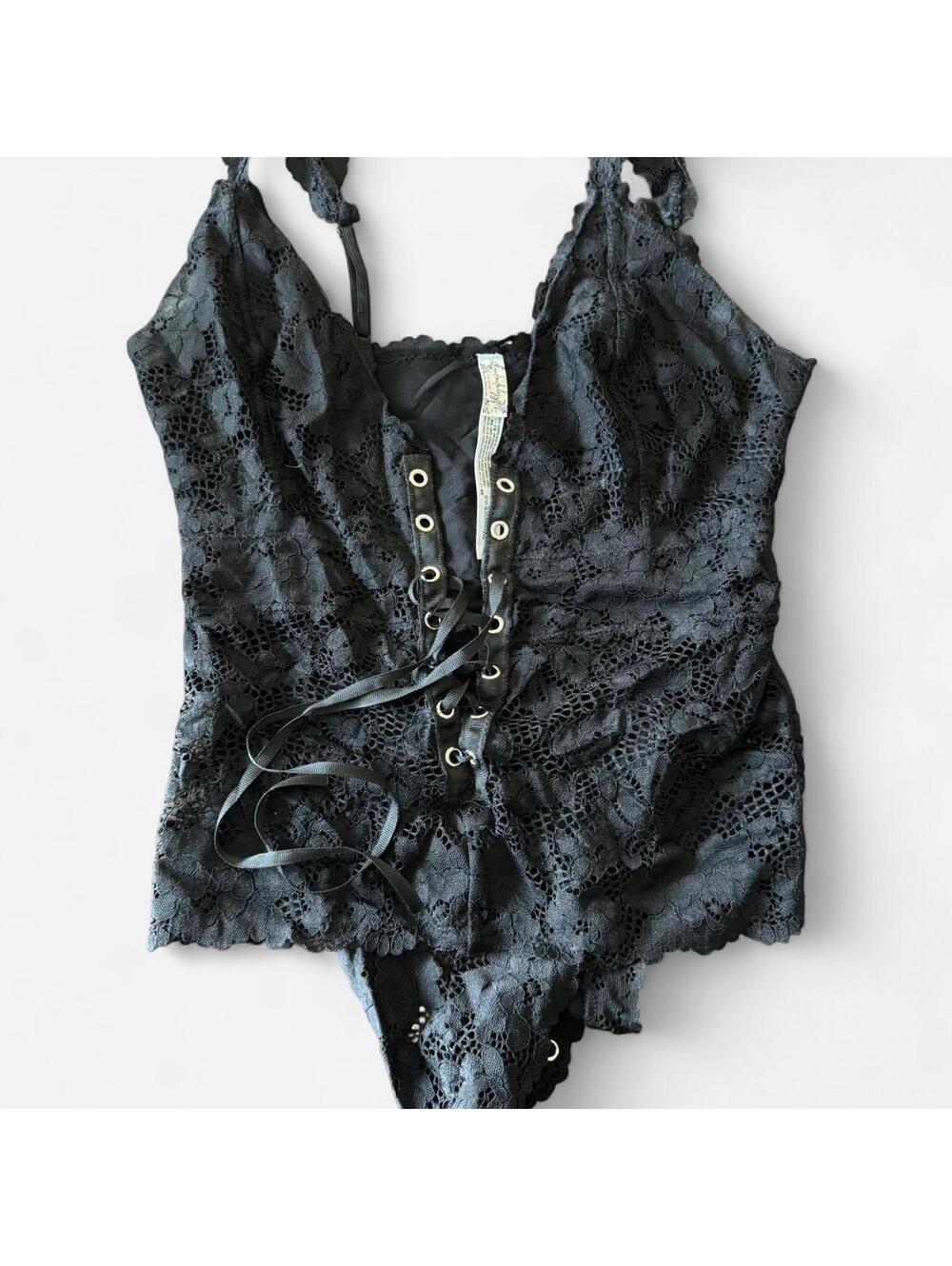 Intimately Free People‎ Black Lace Tie Front Tank Top Bodysuit, Small, 13” ptp